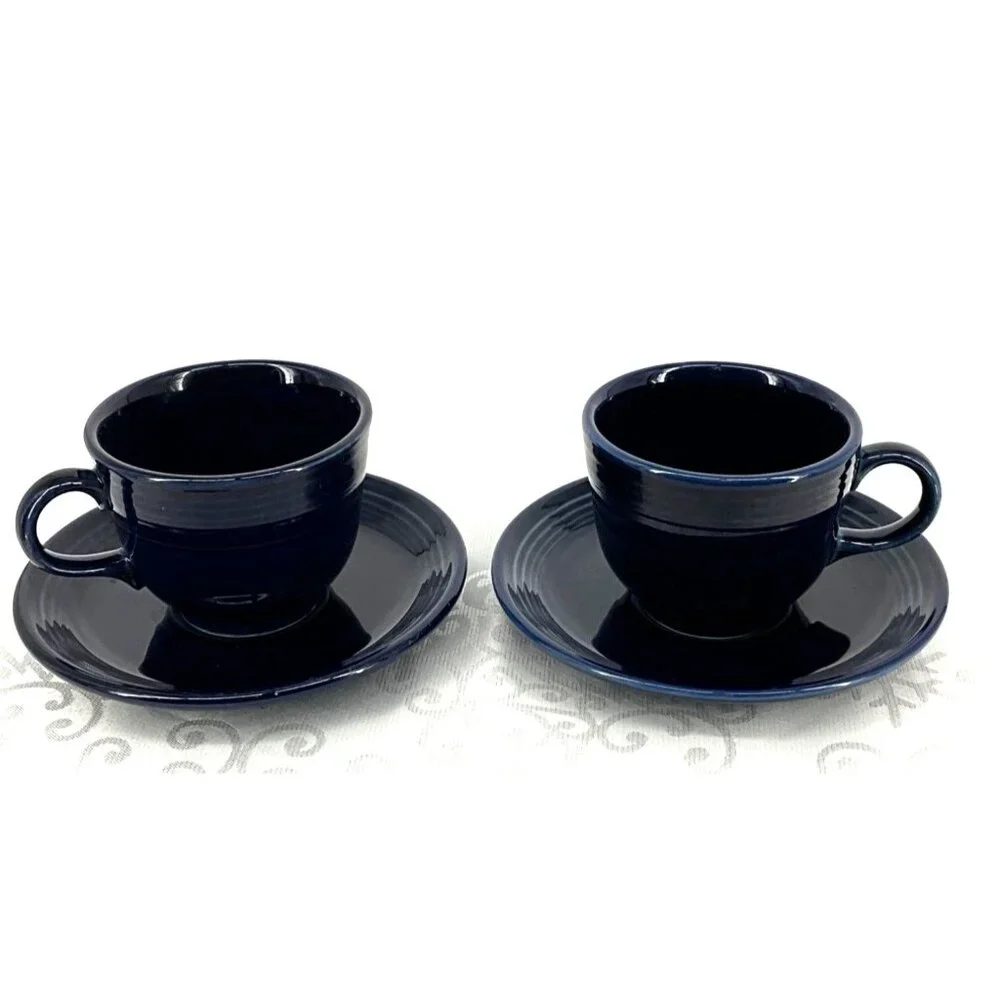 Fiesta Set Of 2 Cobalt Blue Ceramic Cups &‎ Saucers